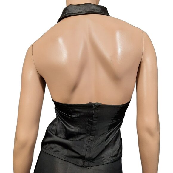Y2K Black Ruffled sleeveless Satin Blouse Going Out Top Size S Halter Neck - Picture 5 of 8